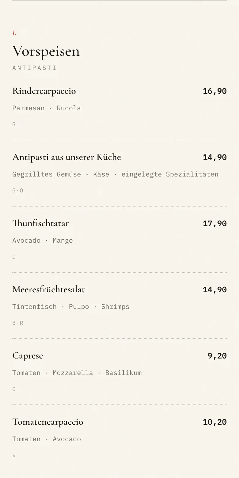 La Fenice's digital menu showing starters and prices on a narrow screen