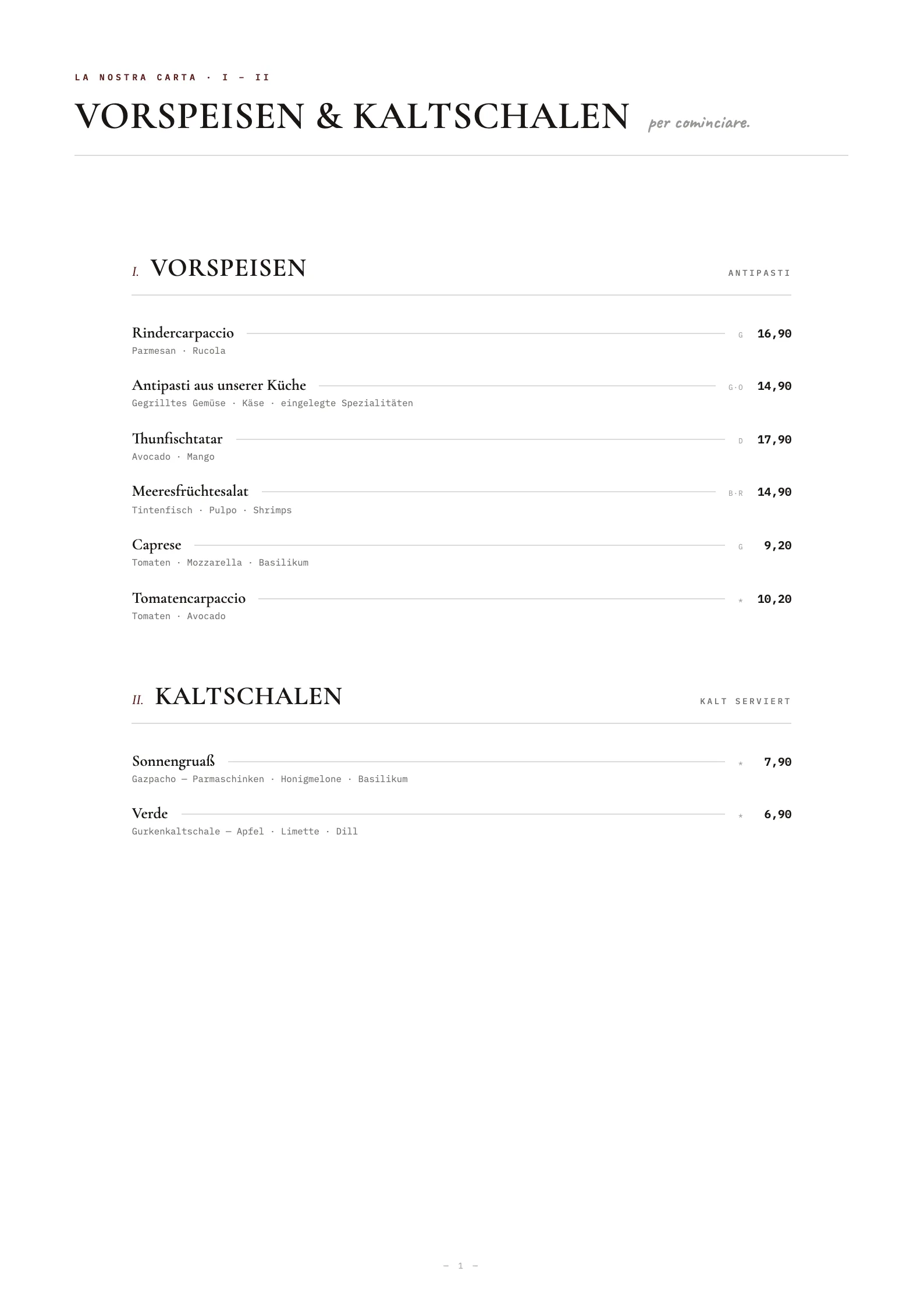 La Fenice's generated A4 printed menu with starters and cold dishes