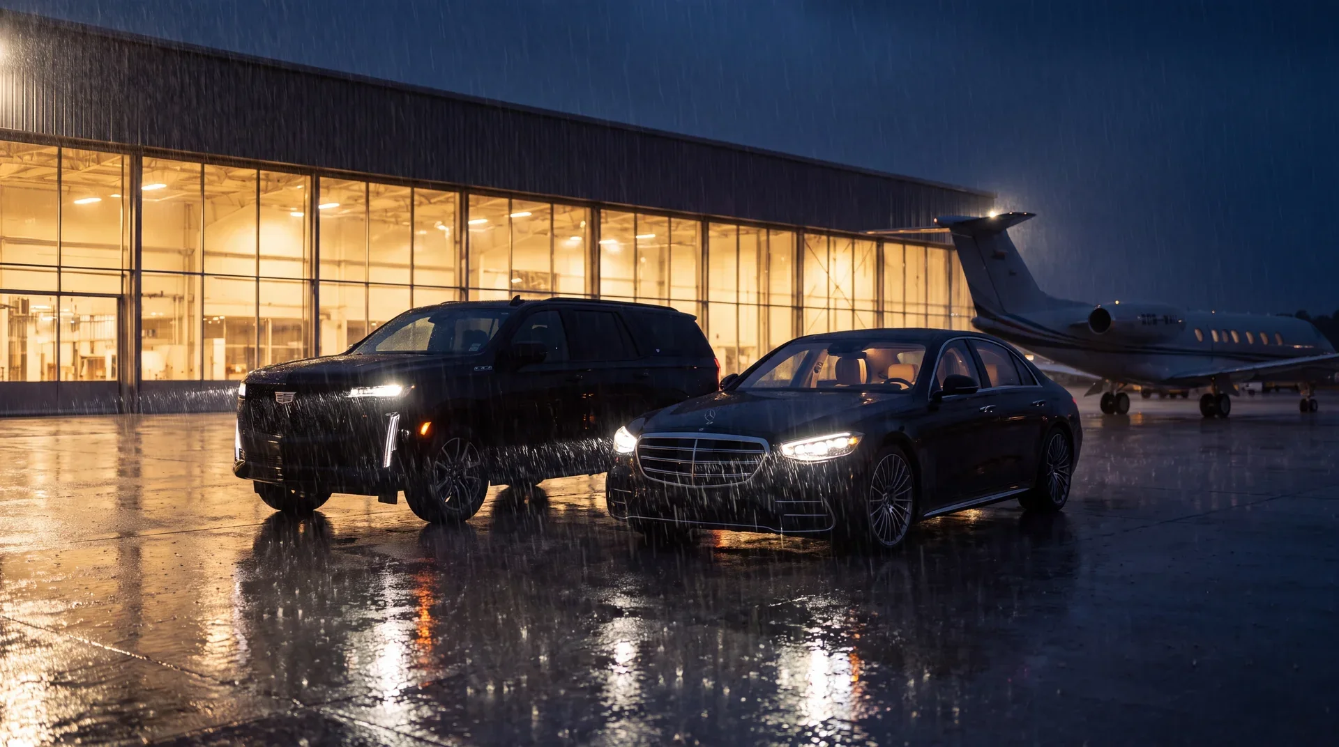 Star Ride chauffeur fleet outside an illuminated hangar at night in the rain