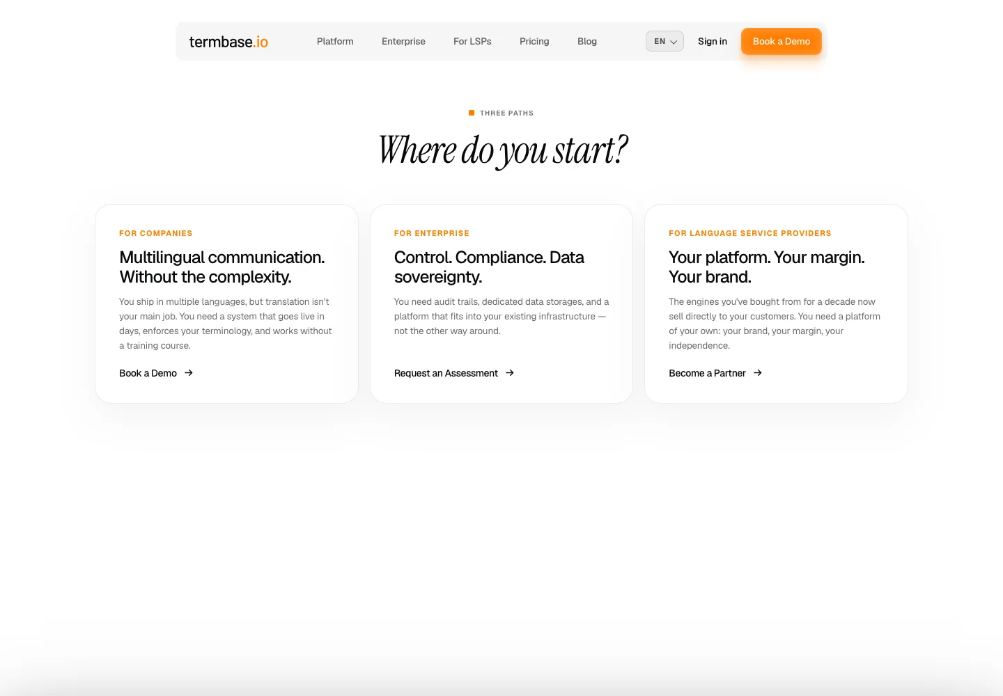 Termbase-Website mit separaten Einstiegen für Unternehmen, Enterprise und Sprachdienstleister