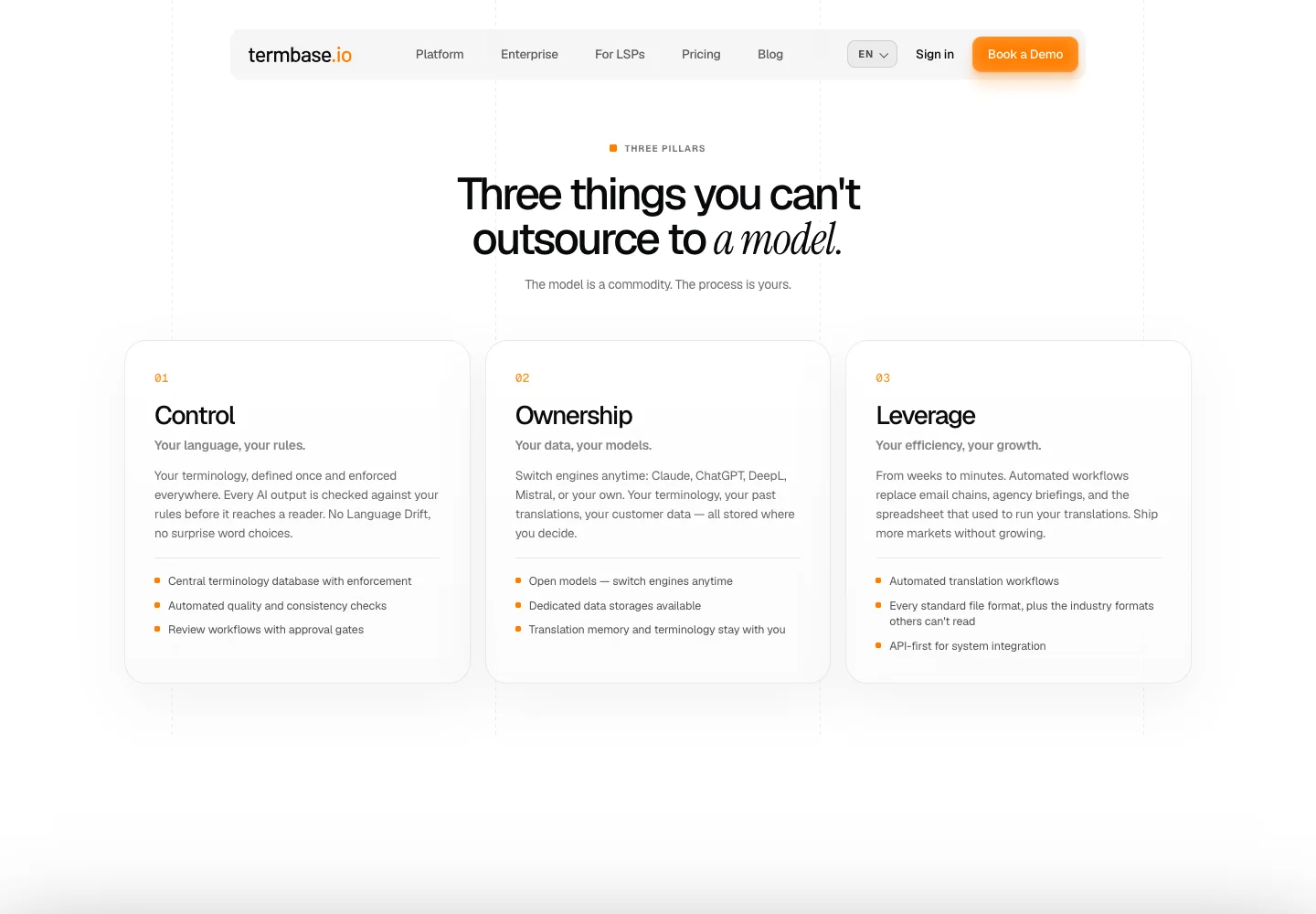 Öffentliche Termbase-Website mit den Produktprinzipien Control, Ownership und Leverage