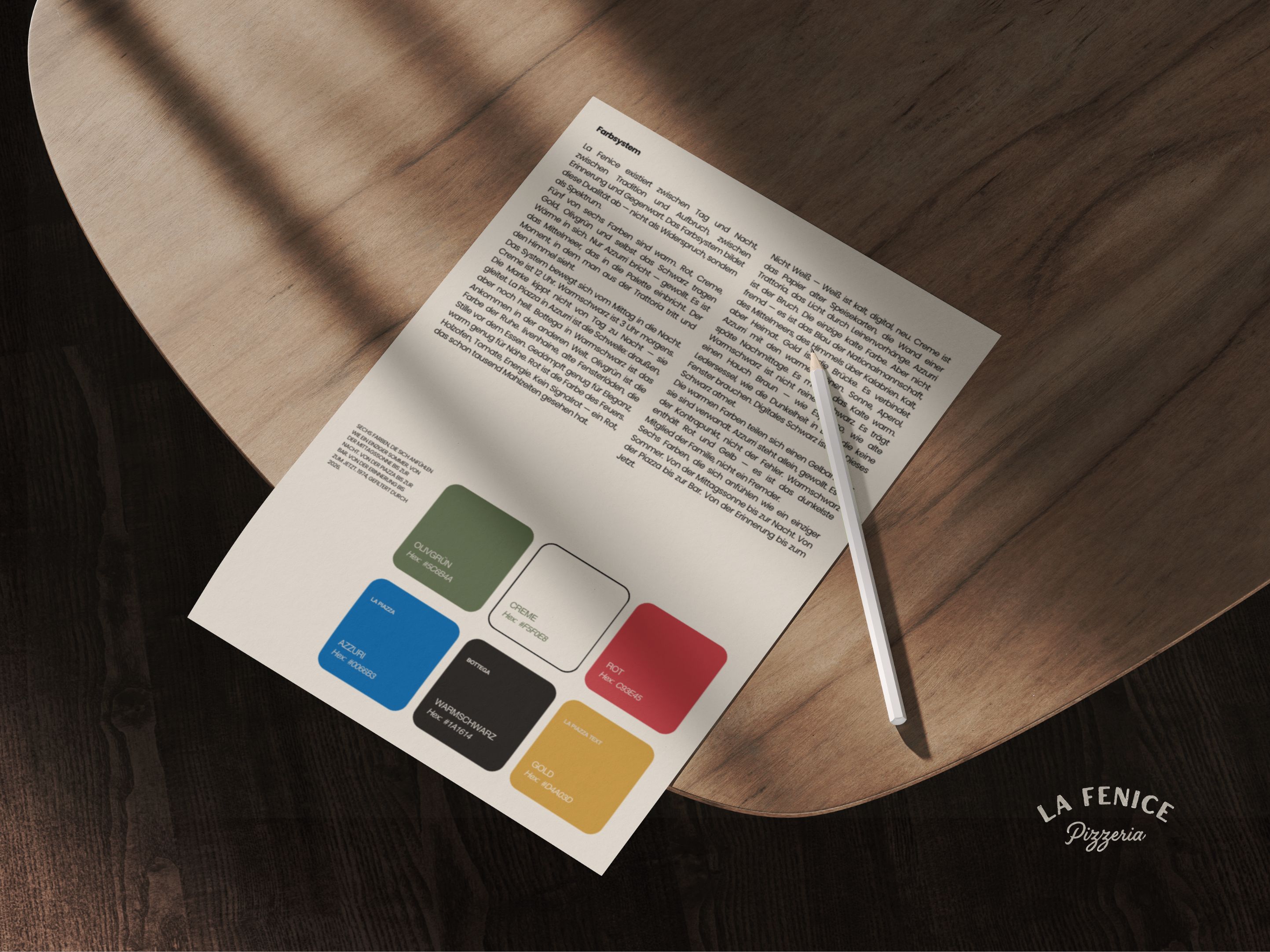 La Fenice Brand Design System mit Farbsystem auf Holztisch